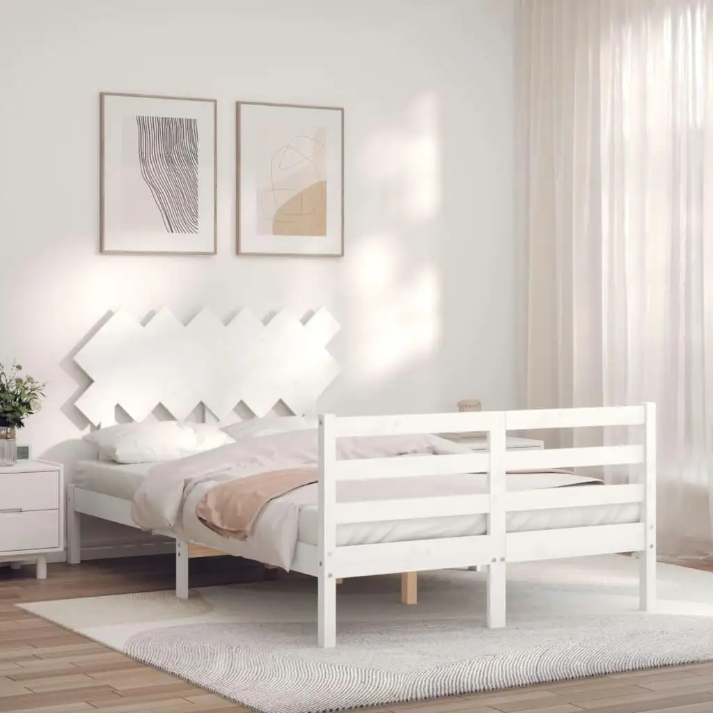 Small Double White Solid Wood Bed Frame - No Mattress Included, Stylish & Durable Design