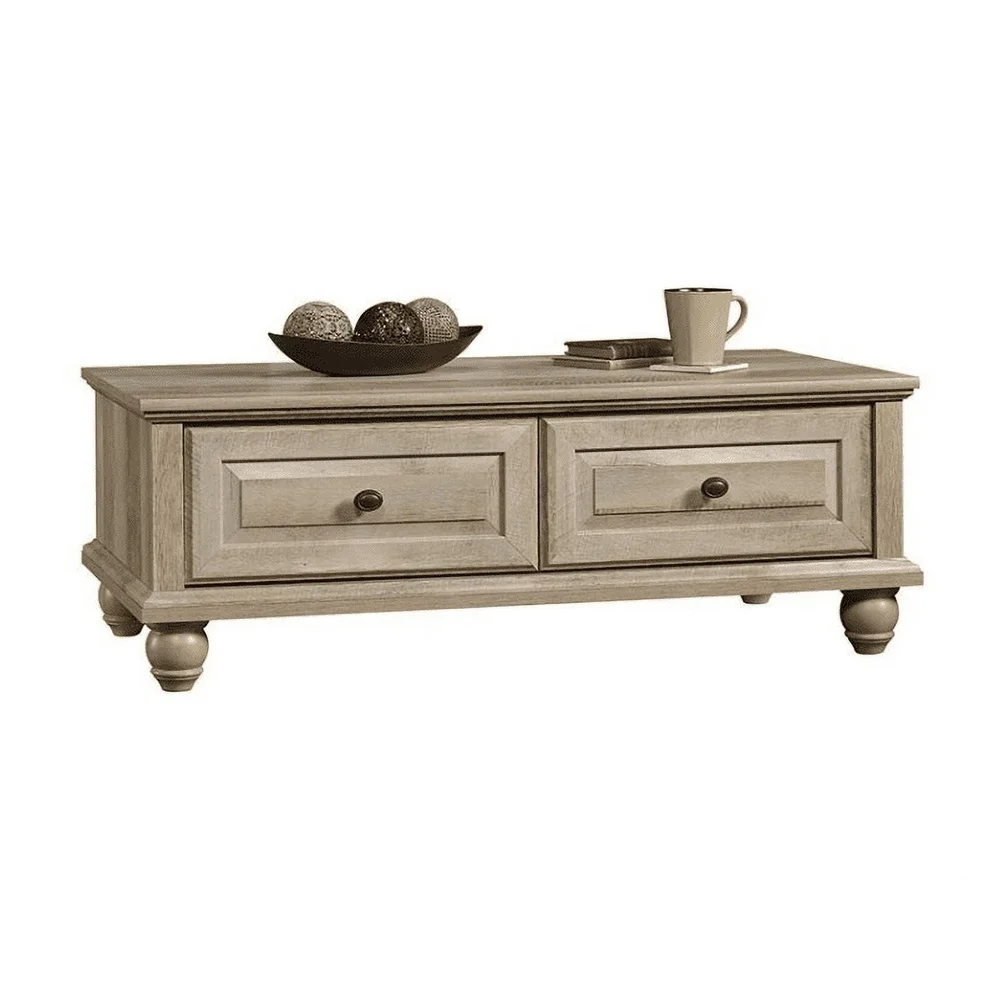Spacious Coffee Table with Weathered Finish Two Drawers Solid Wood Feet Quick Assembly Indoor Storage Rectangle Design