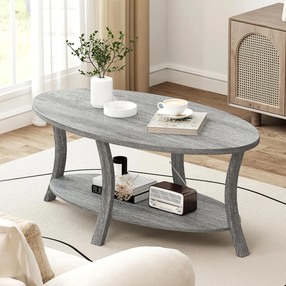 44 Oval Coffee Table with 2-Tier Storage Shelf and Rubber Wood Frame for Modern Farmhouse Living Rooms