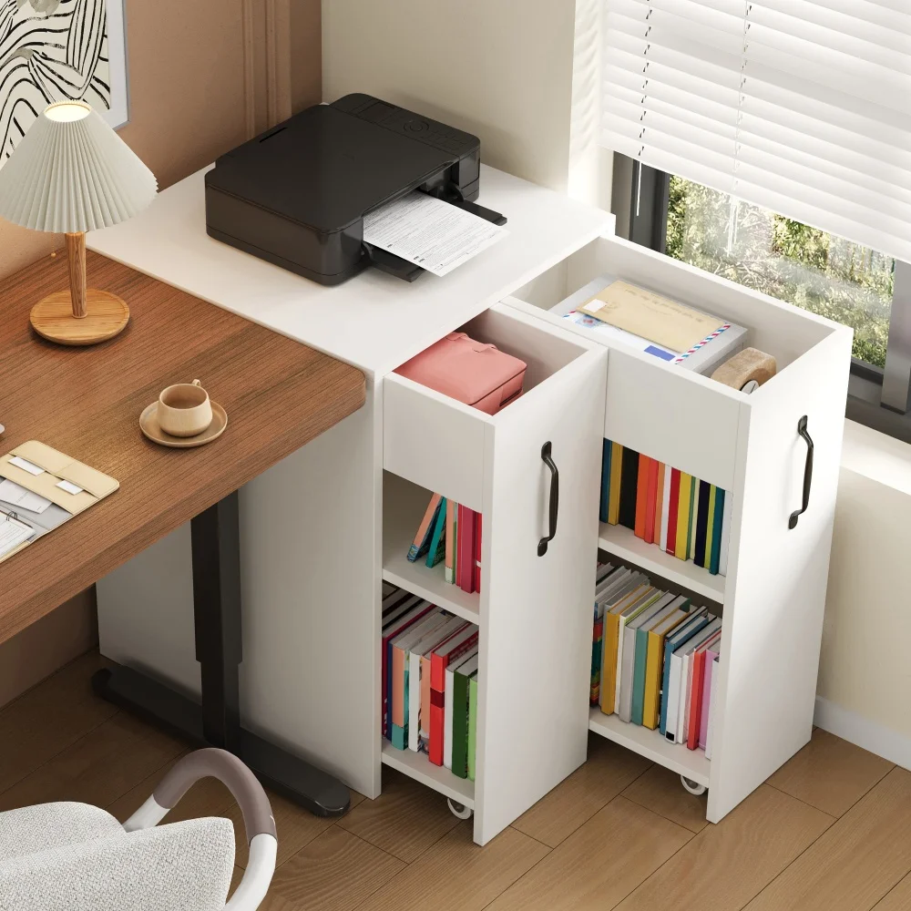 Kleine boekenkast met wielen, met planken en laden, links/rechts omkeerbare configuratie, valbeveiliging, nachtkastje