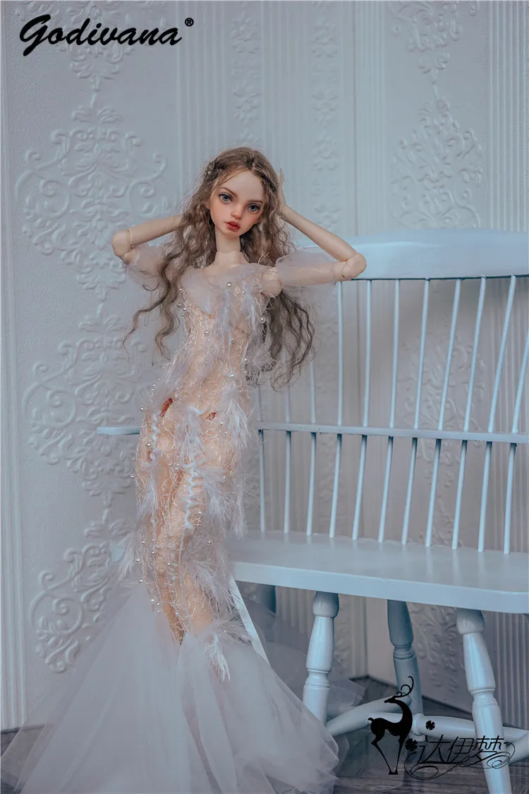 High End Heavy Handmade BJD Mermaid Evening Gown Doll Dress Elegant Feather Beaded Tulle Wedding Outfit for 1/3 Large Girl Doll