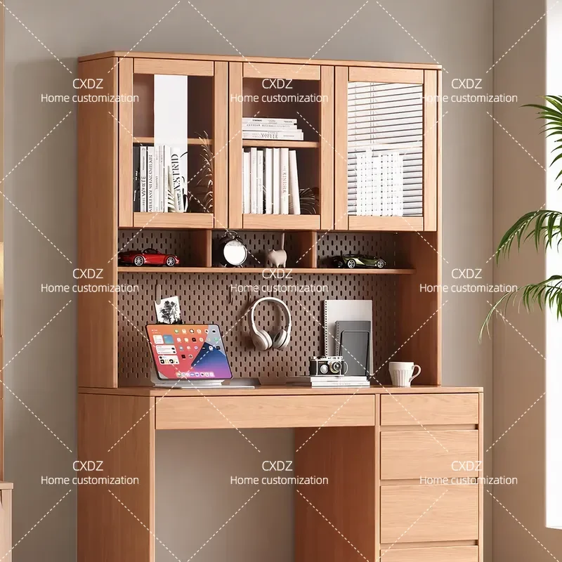 1m Solid Oak Desk with Bookshelf and Drawers Integrated Study Table Modern Small Apartment Bookcase for Home Office