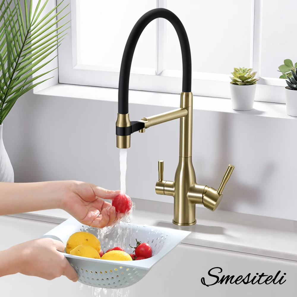 Grifos de cocina filtrado de tres vías, grifos de cocina dorados/negros cepillados, mezclador de fregadero de tres flujos por ósmosis, grifo con filtro de agua de 3 vías