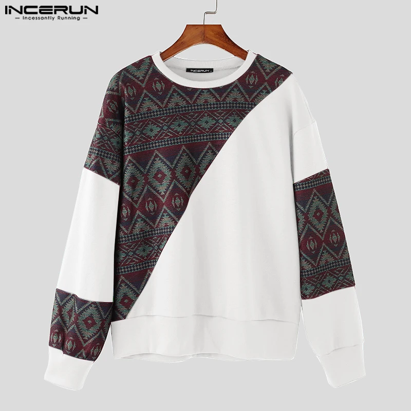 2024 Korean Fashion Long Sleeve Hoodies INCERUN Men Casual Round Neck The national Style Sweatshirts Loose Patchwork Pullovers