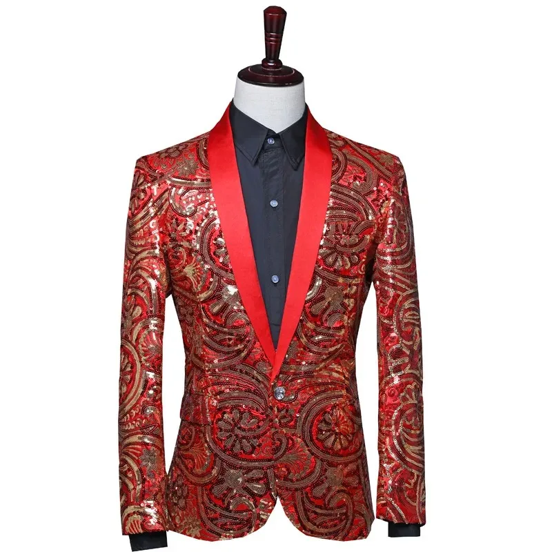 

2024 Men's Fancy Sequined Suit Green Collar Singer Host Photo Studio Photography