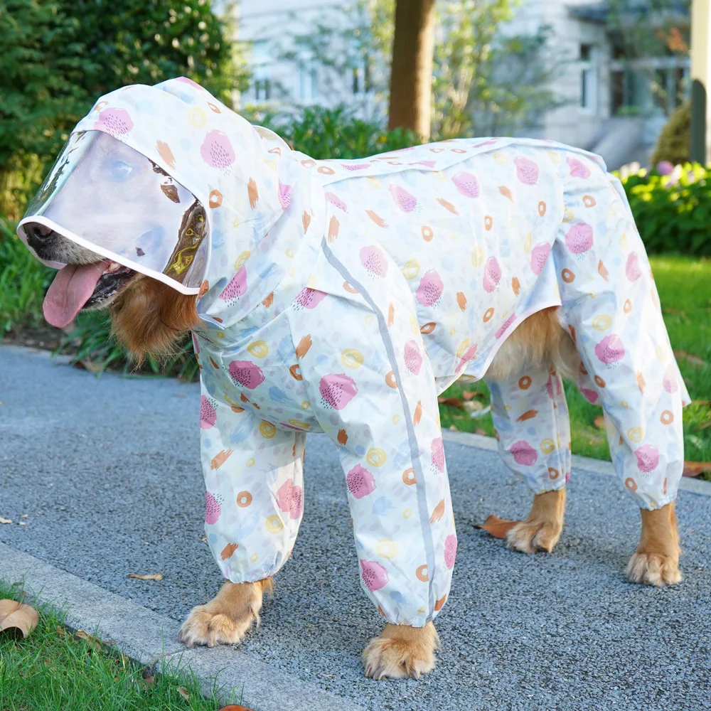 

Large Dog Hooded Raincoat with Transparent Brim Breathable 4-Legged Design Cartoon Print for Labrador & Golden Retriever