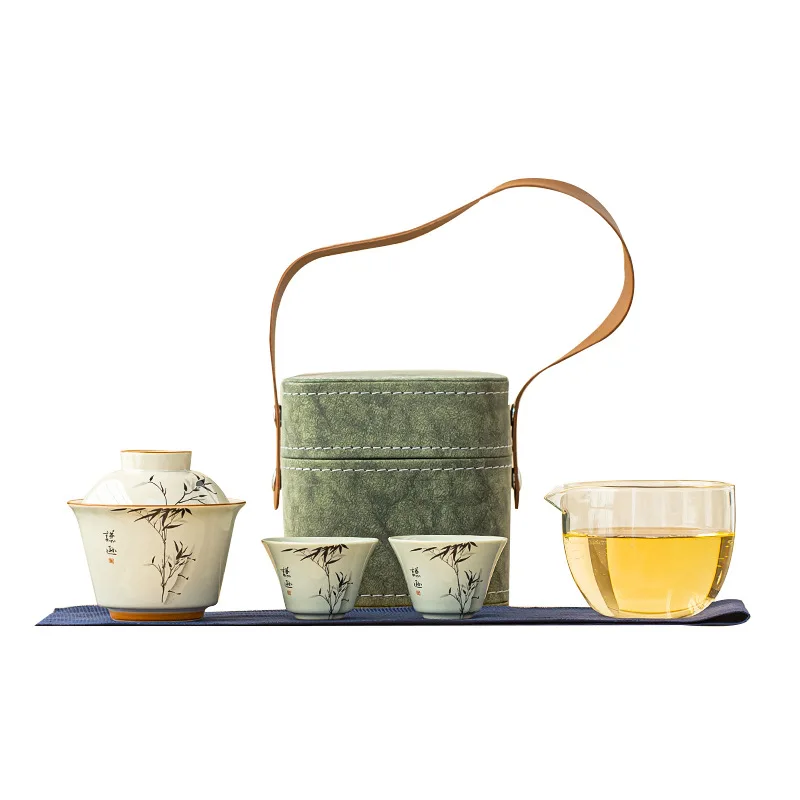 

Plant Ash Ink Junzhu Travel Express Cup Portable Tea Set Ceramic Portable Outdoor Tea Souvenir