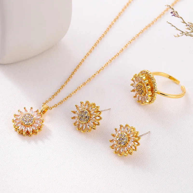 Minimalist Titanium Steel Necklace Earrings Ring 3A Zircon Jewelry Set Fidget Rotatable Sunflower Jewelry Set for Women