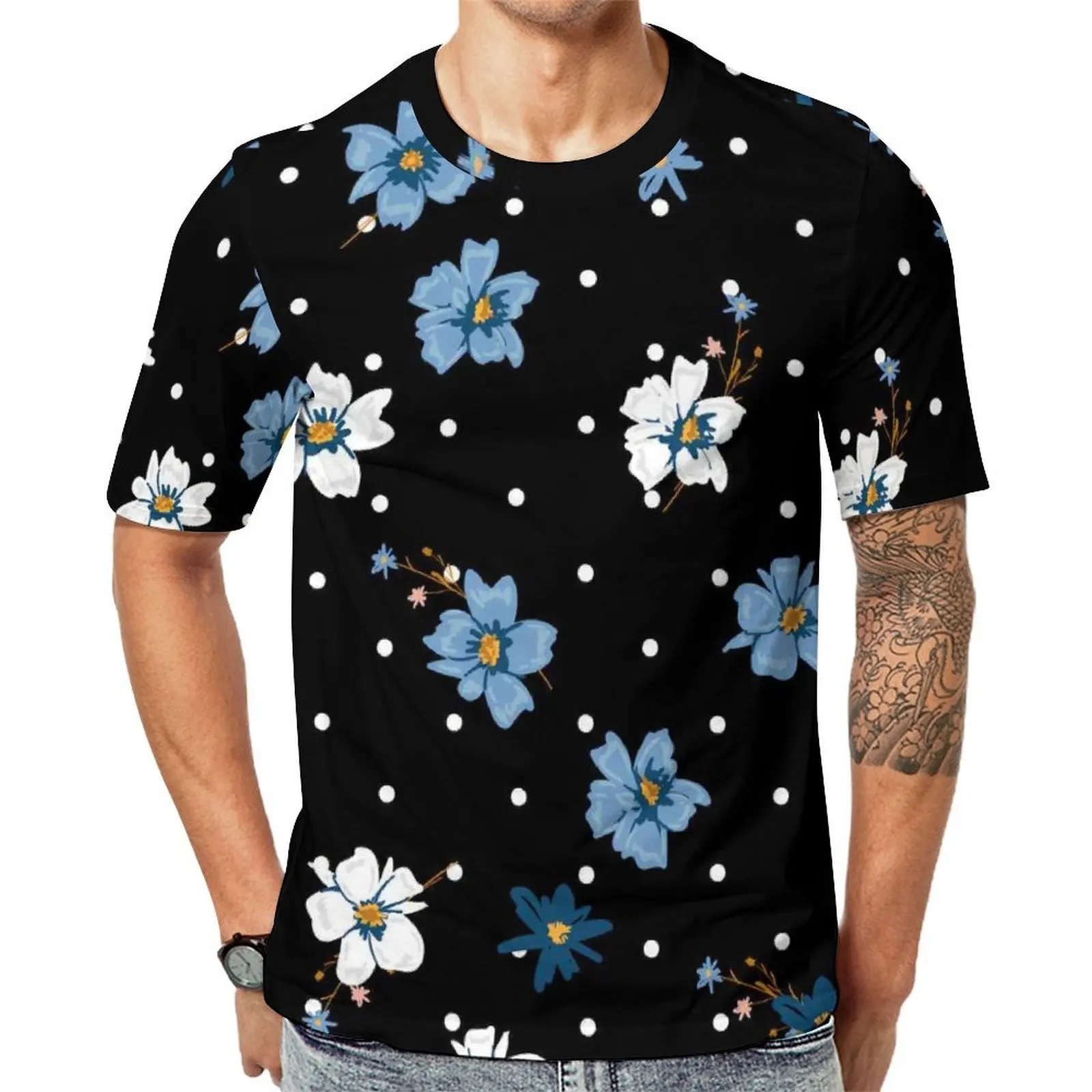 Blue White Daisies T Shirt For Men Polka Dots Floral Pirnt Graphic O Neck T Shirts Summer Fashion Clothing Casual Plus Size Tees