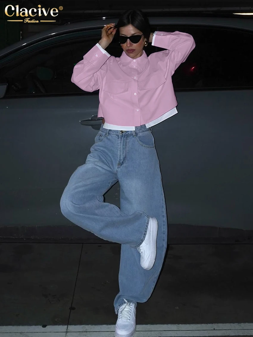 Clacive Fashion Loose Pink Women's Shirt 2025 Casual Lapel Long Sleeve Shirts Elegant Classic Patchwrok Top Female Clothing