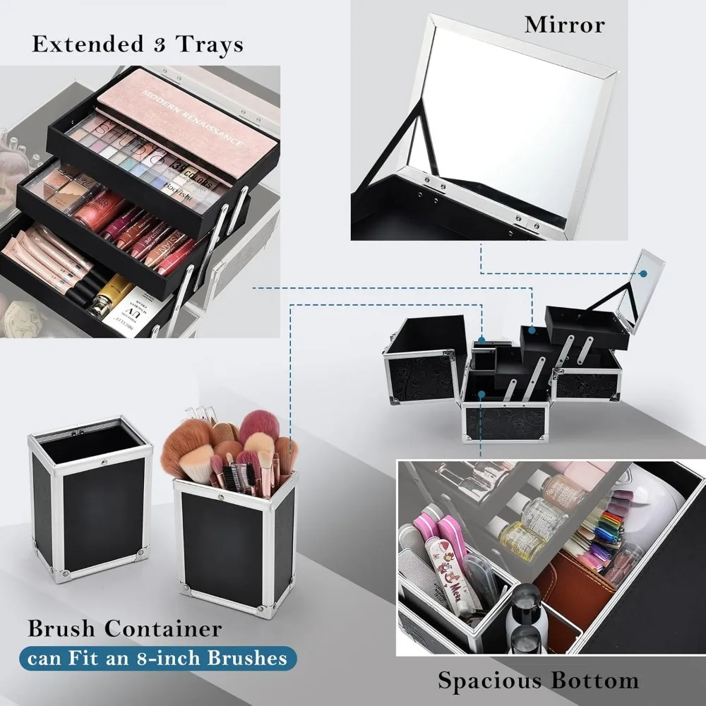 Large 11.8 Inch Makeup Train Case with Mirror, 3 Trays & Locking Storage for Cosmetics Travel Organizer Black Floral