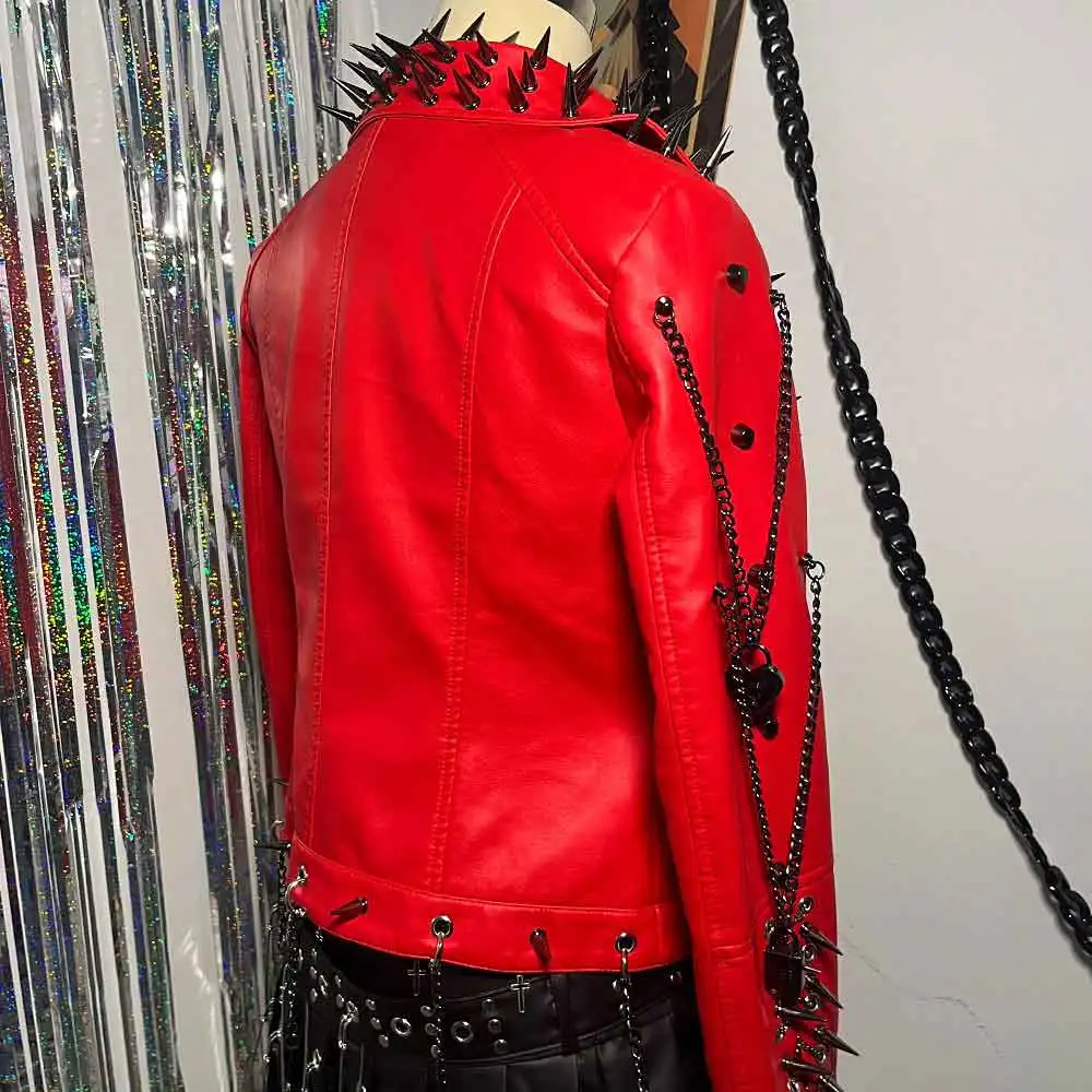 Gothiczna kurtka z ćwiekami, nitami i łańcuszkami w stylu gotyckim, e-girl, Harajuku, zapinana na zamek, emo, punk rock, odzież klubowa, grunge, Y2K, ze skóry PU.