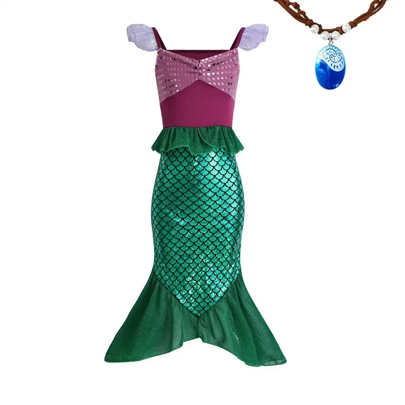فستان ذيل حورية البحر من 3 إلى 12 سنة، زي الأميرة اللامع مع قلادة محيطية مجانية، ملابس أداء للحفلات لعيد الميلاد والهالوين
