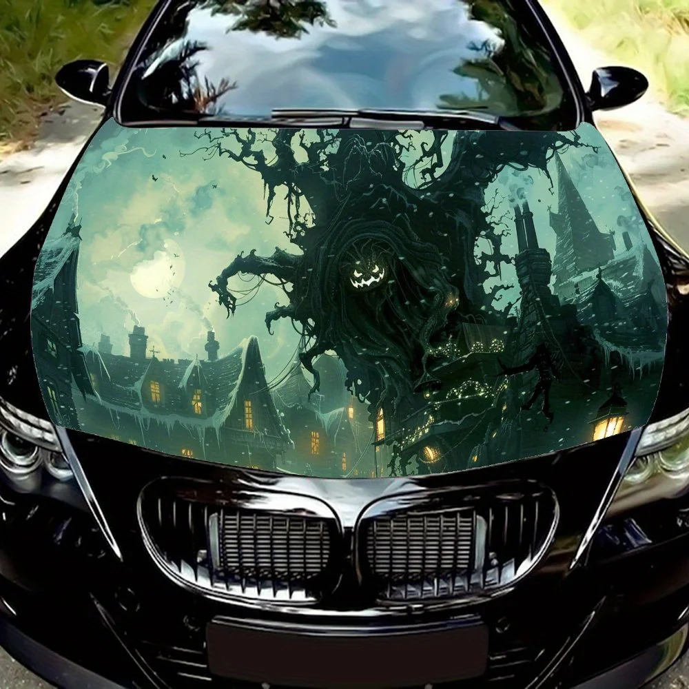 

Castle Sky, Snowflakes Falling, Street Lamps Emitting Yellow Light, Black Trees with Pumpkin Lanterns Car Hood Wrap Color Vinyl