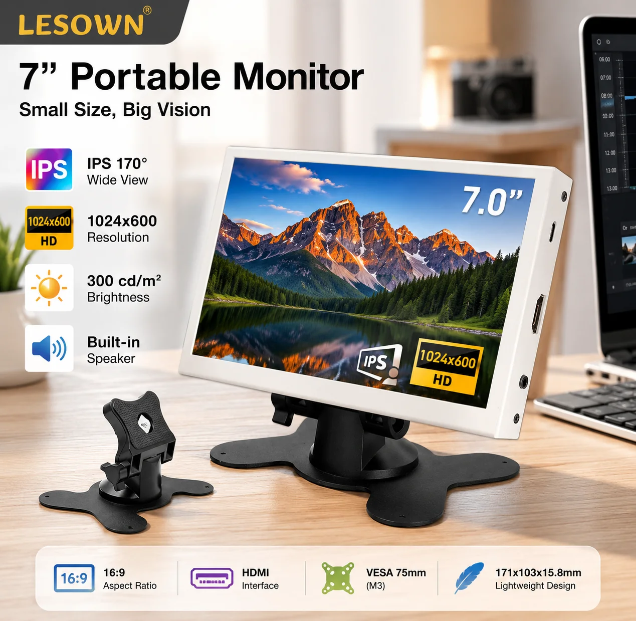 LESOWN IPS 7 Inch HDTV Display Portable Screen Plug and Play for Digital Art Photo Frame Driver-free Easy Touch Set