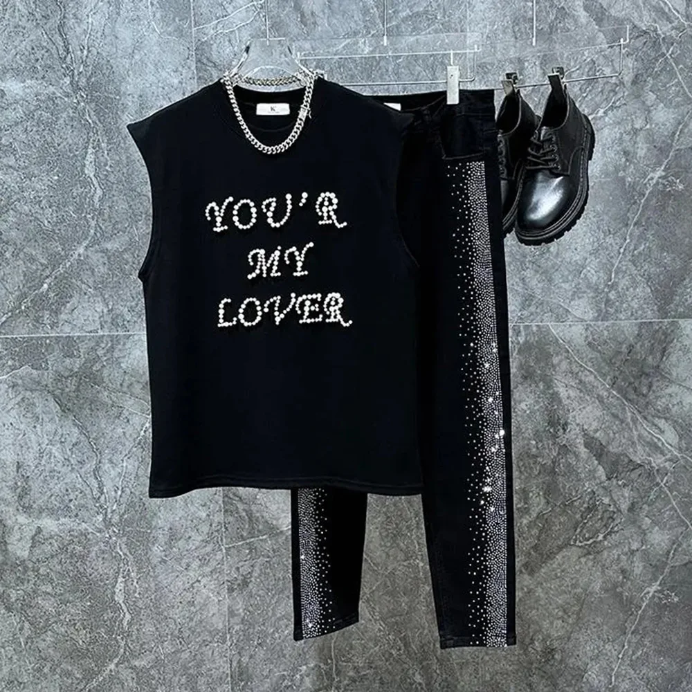 

Mens Vest Rhinestone Letter Sleeveless Vest Autumn Casual Versatile Korean Style Faddish Popular Top Men's Clothing Unisex 2024