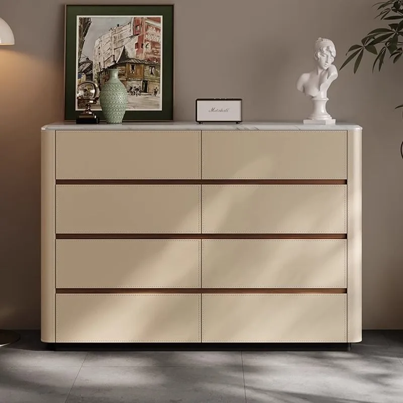 Marble side cabinet household wall integrated solid wood locker saddle leather tea cabinet bedroom bedside storage cabinet