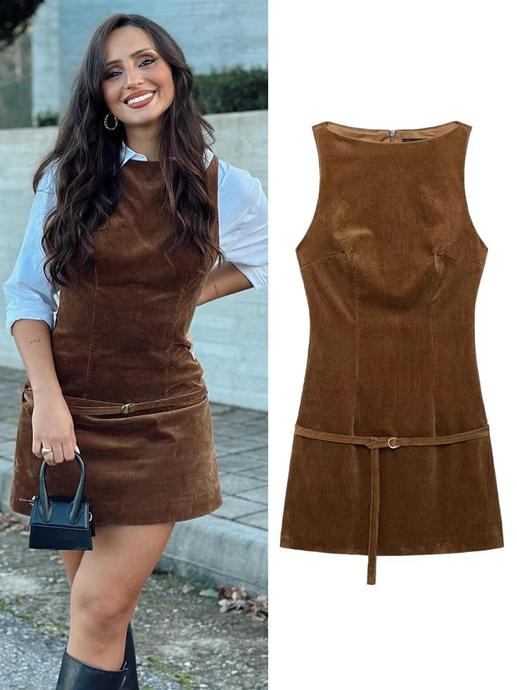 

TRAFZA Fashionable Round Neck Zipper Decorated Women's Vest Midi Skirt Summer Women's Chic Belted Corduroy Slim Dress Y2K Mujer