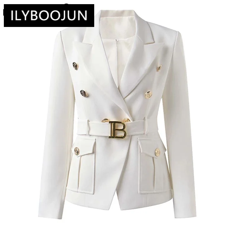 

Factory Customize Luxury Quality Classic Style Office White Black Women Pocket Blazers with Blet