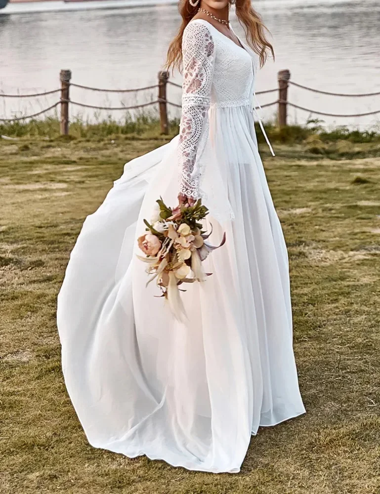 Customized  Wedding Dresses V Neck Chiffon Full Sleeves Backless with Slit A Line Floor Length Vintage