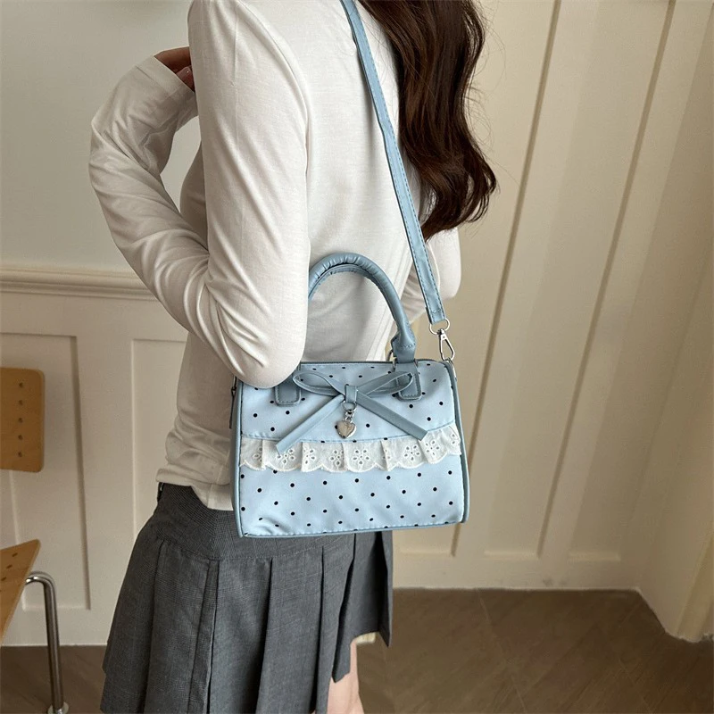 Koreanische Bogen Polka Dot Tasche Mode Bowler Tasche Farbe-blockiert Spitze Y2k Stil Handtasche Retro Süße Plaid Crossbody Zipper schulter Tasche – Detail 32