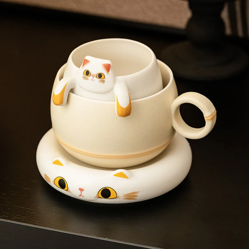

Cute Yellow Cat Coffee Cups with Lid Ceramic Latte Mugs Teacup with Spoon Filter for Office Home Drinkware Teaware Coffeeware
