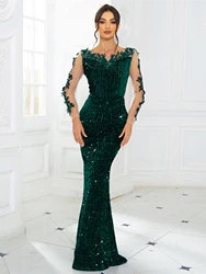 Romagic O Neck Long Sleeve With Flowers Sequin Evening Party Dress Elegant Women Sexy Backless Formal Prom Dresses