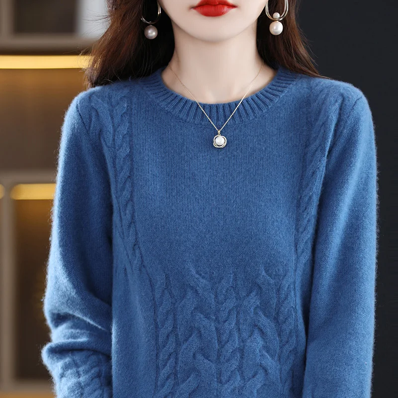 

Women's wool pullover sweater for autumn winter long sleeved round neck knitted twisted flower sweater soft and high-quality top