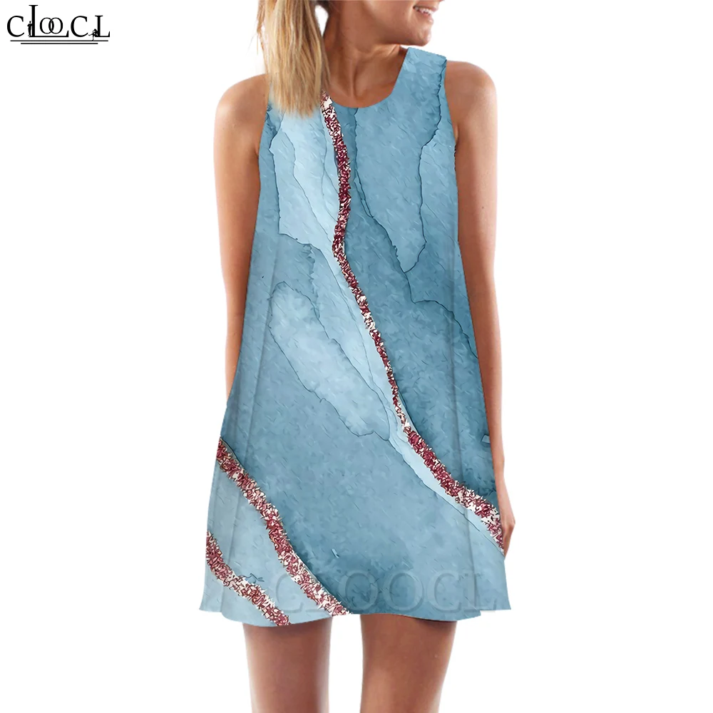 

CLOOCL New Fashion Women Tank Dress Retro Blue Pattern 3D Printed Loose Waist Sleeveless Summer Dress Beach Style