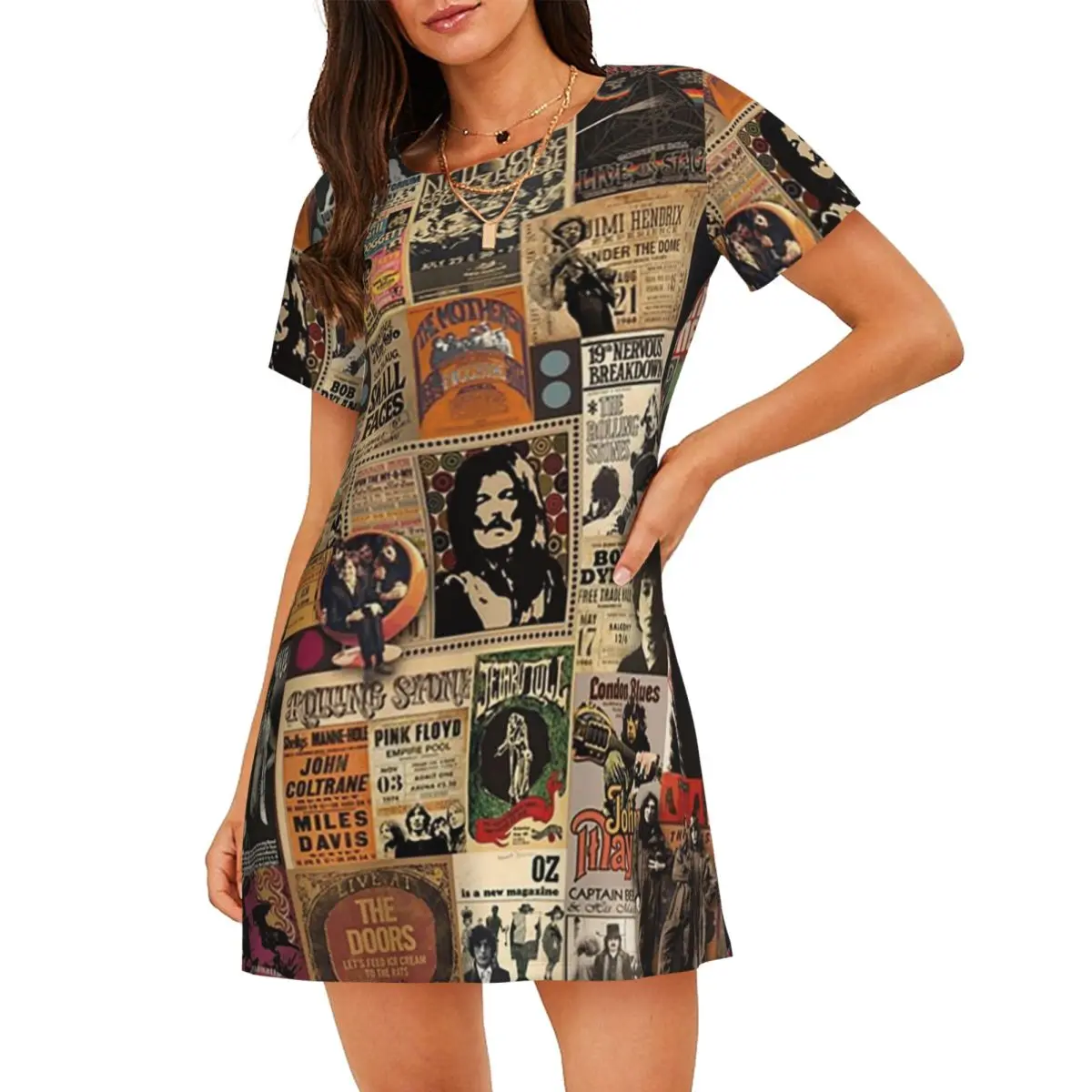 Custom Rock N' Roll Stories Short Sleeves Nightdress For Sleeping Sleepshirts Women Short Sleeve Nightgowns Loose Pajama Dress