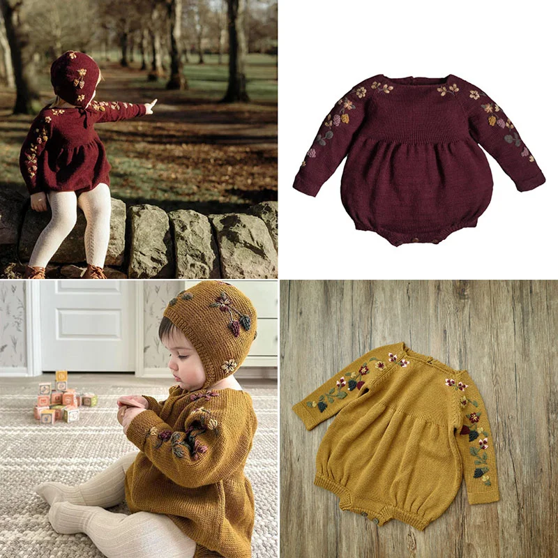

EnkeliBB Toddler Girl Winter Knit Romper With Hand Knit Flowers Lovely Baby Girls Warm Rompers One-piece