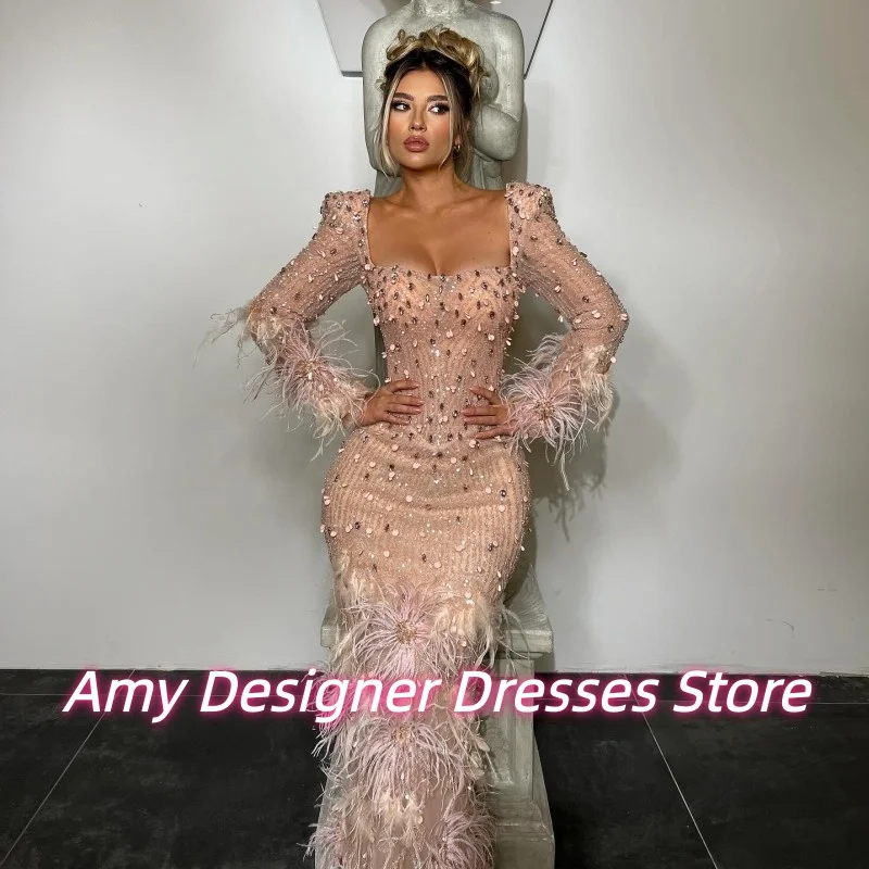فستان سهرة برقبة مربعة بلون الشمبانيا الأفريقي مع ريشة فاخرة كريستال طويل حورية البحر فساتين عشاء فساتين حفلات نسائية مخصصة #3