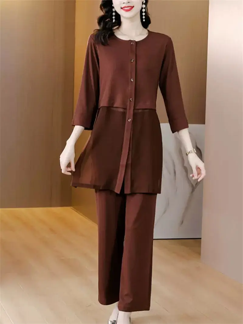 Large Size Early Spring Casual Suit 2023 New Style Fashionable Slim Chiffon Patchwork Wide Leg Pants Two-Piece Set Outfits Z067