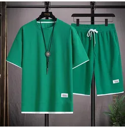 2024 Summer Men's Waffle Sets Casual T-Shirt And Shorts Set Male Sports Suit Solid Color Tracksuit Loose Suits