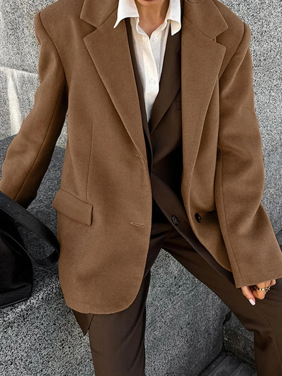 

Autumn Vintage Solid Woolen Blazer Coat Women 2024 New Long Sleeve Button Up Overcoat Streetwear Fashion Lapel Collar Outerwear