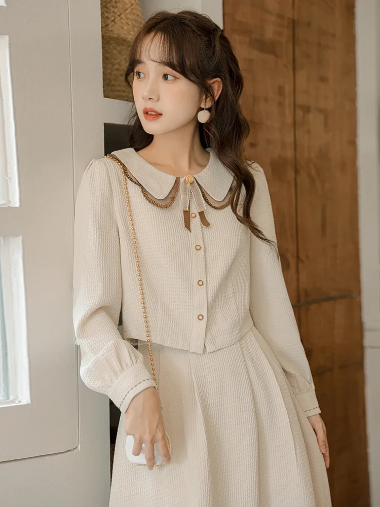 Autumn Outfit Women's Temperament Elegant Shirt Skirt Set Apricot Bow Doll Neck Cute Shirt Top+Skirt Sweet Korean Casual Sets