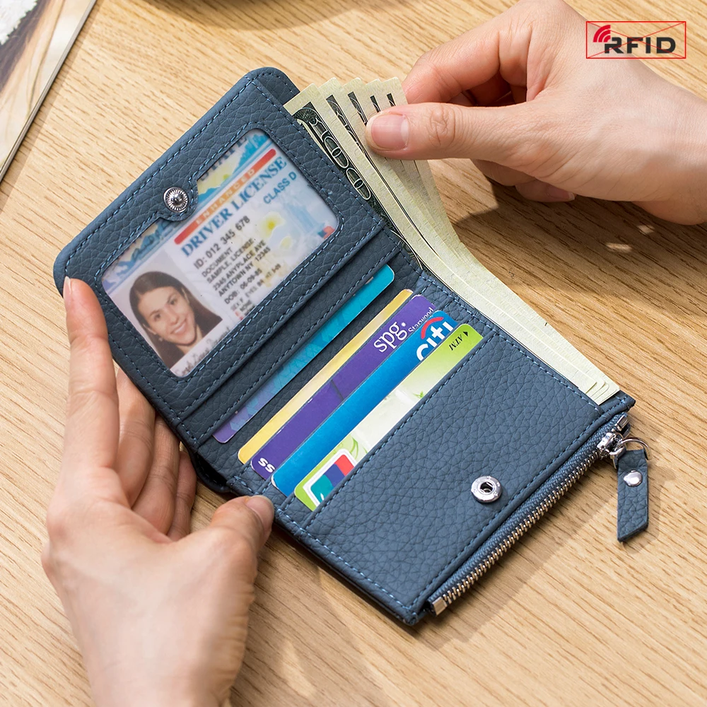Cowhide Fashion Ultrathin Genuine Leather Short Wallet Women's Card Holder RFID Wallet Zipper Change Pocket Card Bag Coin purse