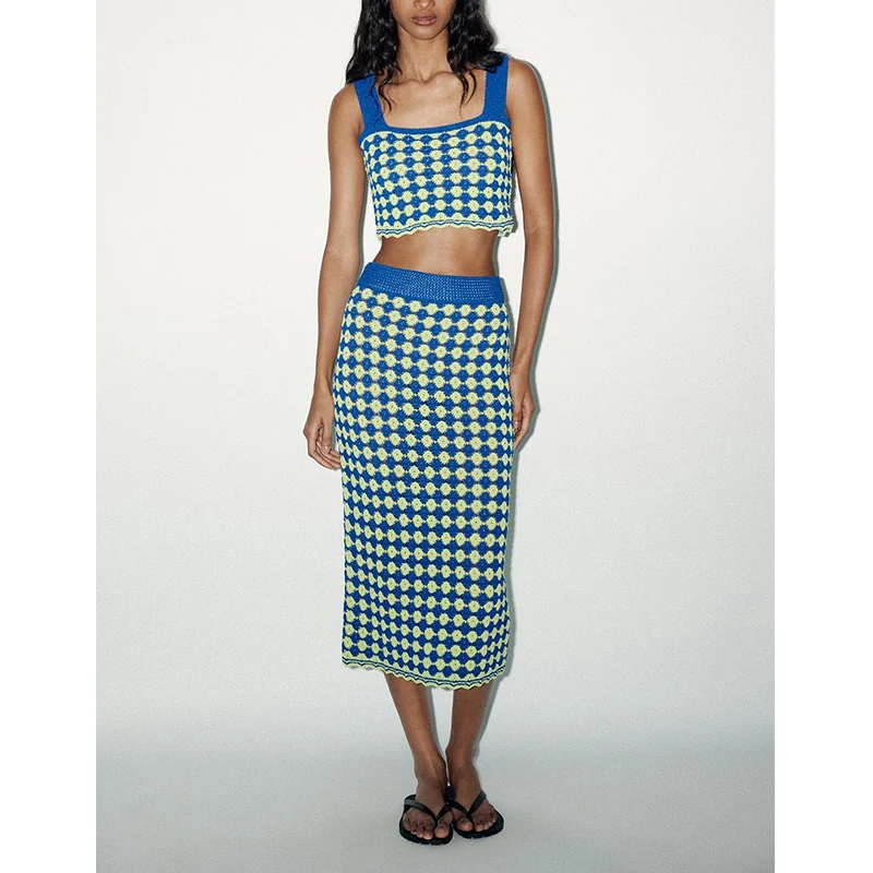 

High Waist Knitted ort Top with Wide oulder Straps And Straight Collar Texture Design Casual Midi Skirt Faion Set
