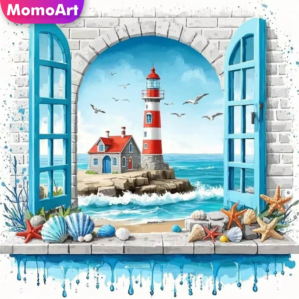 Momoart Diamant-Mosaik Landschaftshaus Strass-Stickerei Küsten-Leuchtturm Vollquadrat Rundmalerei Seestern Wandkunst