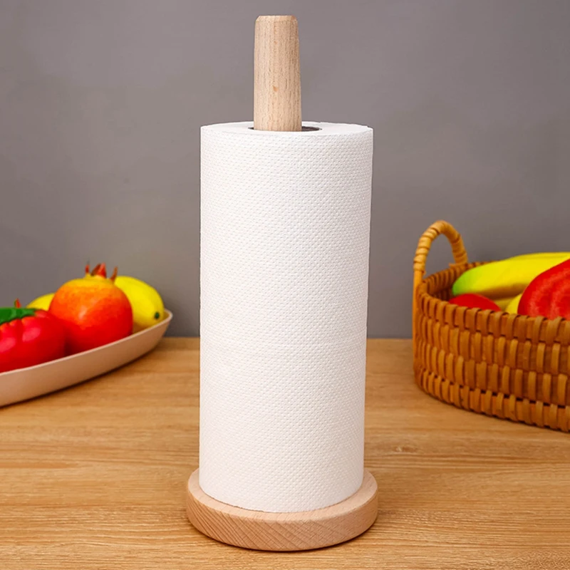 GTBL Kitchen Wooden Roll Paper Towel Holder Bathroom Paper Towel Vertical Stand Disposable Paper Towel Storage Accessories