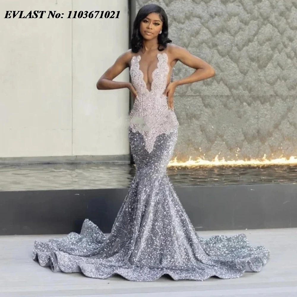 EVLAST Customized Silver Mermaid Prom Dress Black Girls Velvet African Women Graduation Party Gala Gown Vestidos De Fiesta P53