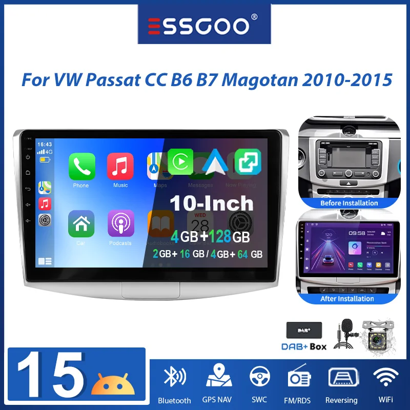 ESSGOO Autoradio Android 15 10 pouces 2+16G/4+64G/4+128G pour VW Passat B7 CC Magotan 2010-2015, Navigation GPS, Radio, Carplay sans fil, Android Auto, RDS, FM, Wifi, Bluetooth, Mirror Link, Commandes au volant, Écran tactile, Lecteur multimédia pour voiture