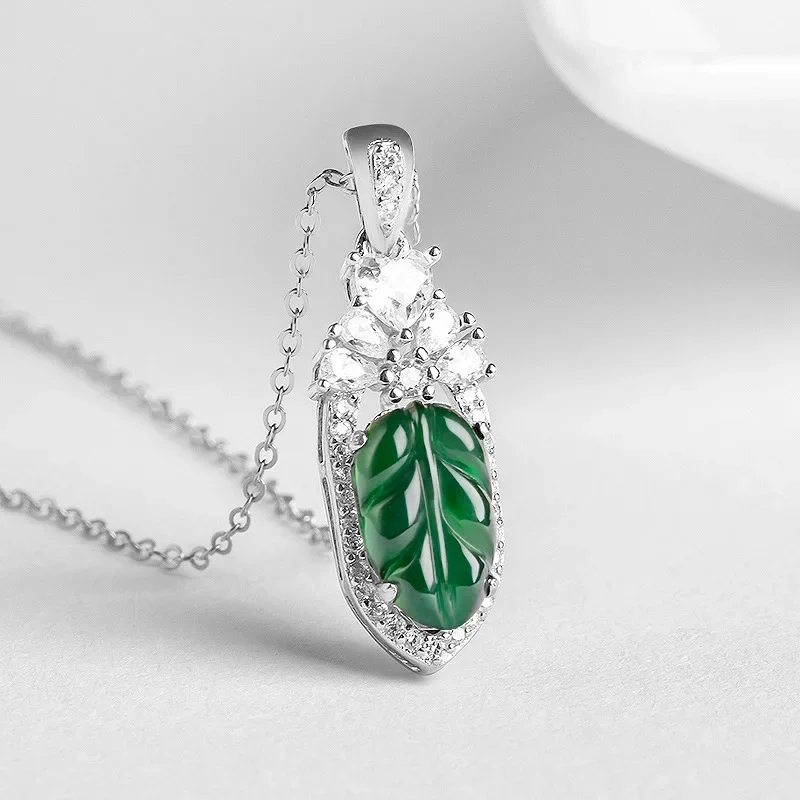 Burmese Jade Leaf Pendant 925 Silver Jewelry Accessories Green Emerald Designer Charm Amulet Talismans Jadeite Necklace Natural