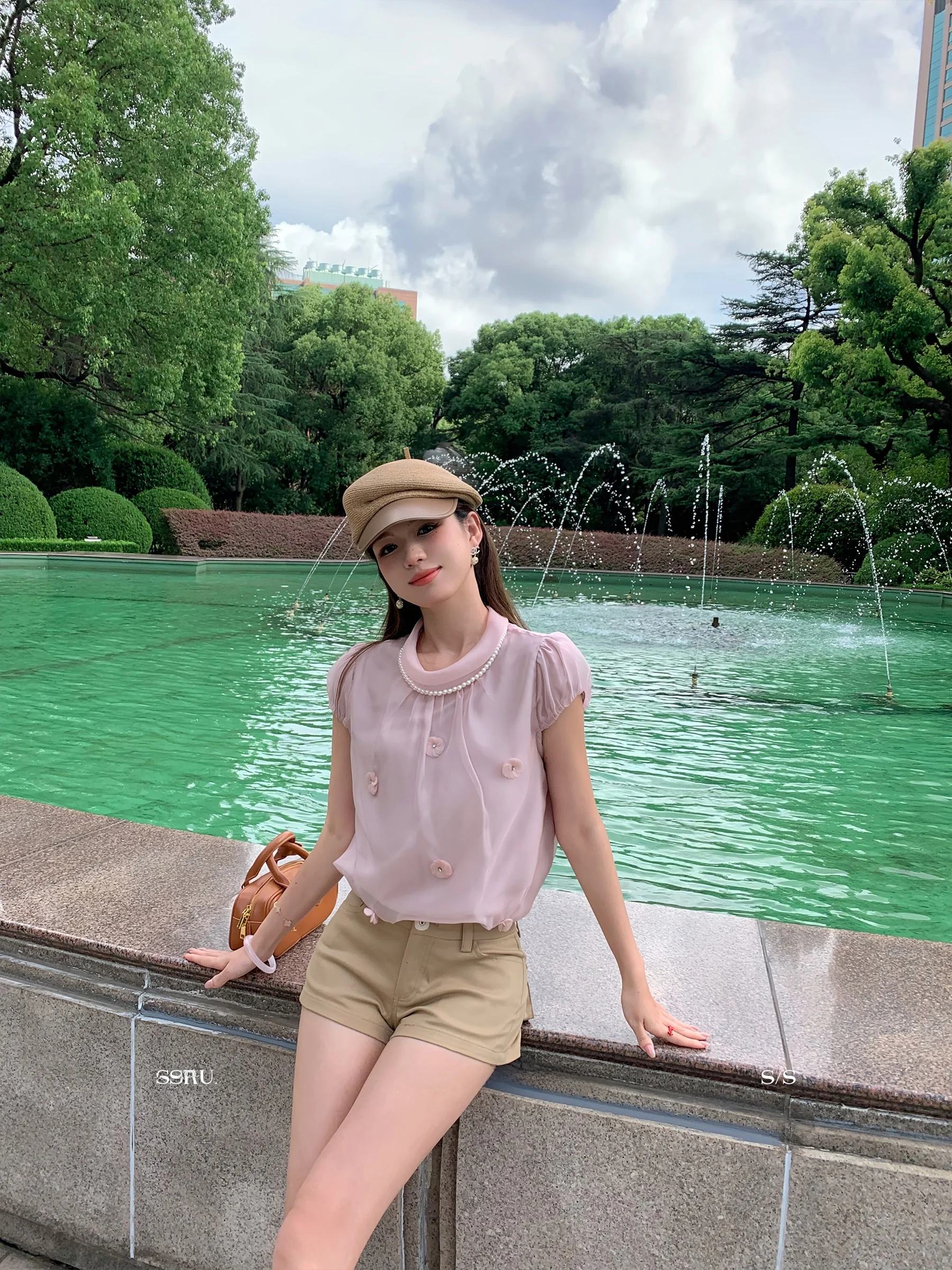 

Летний женский топ SSRUAN Gentle Wind, украшенный жемчугом, прямого кроя, из полиэфирного волокна, эластичный, SVE