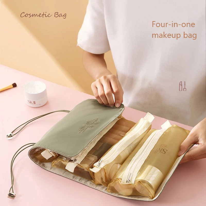 4Pcs In 1 Detachable Makeup Bag Women Zipper Mesh Large Capacity Cosmetics Pouch Foldable Portable Travel Wash Storage Bag