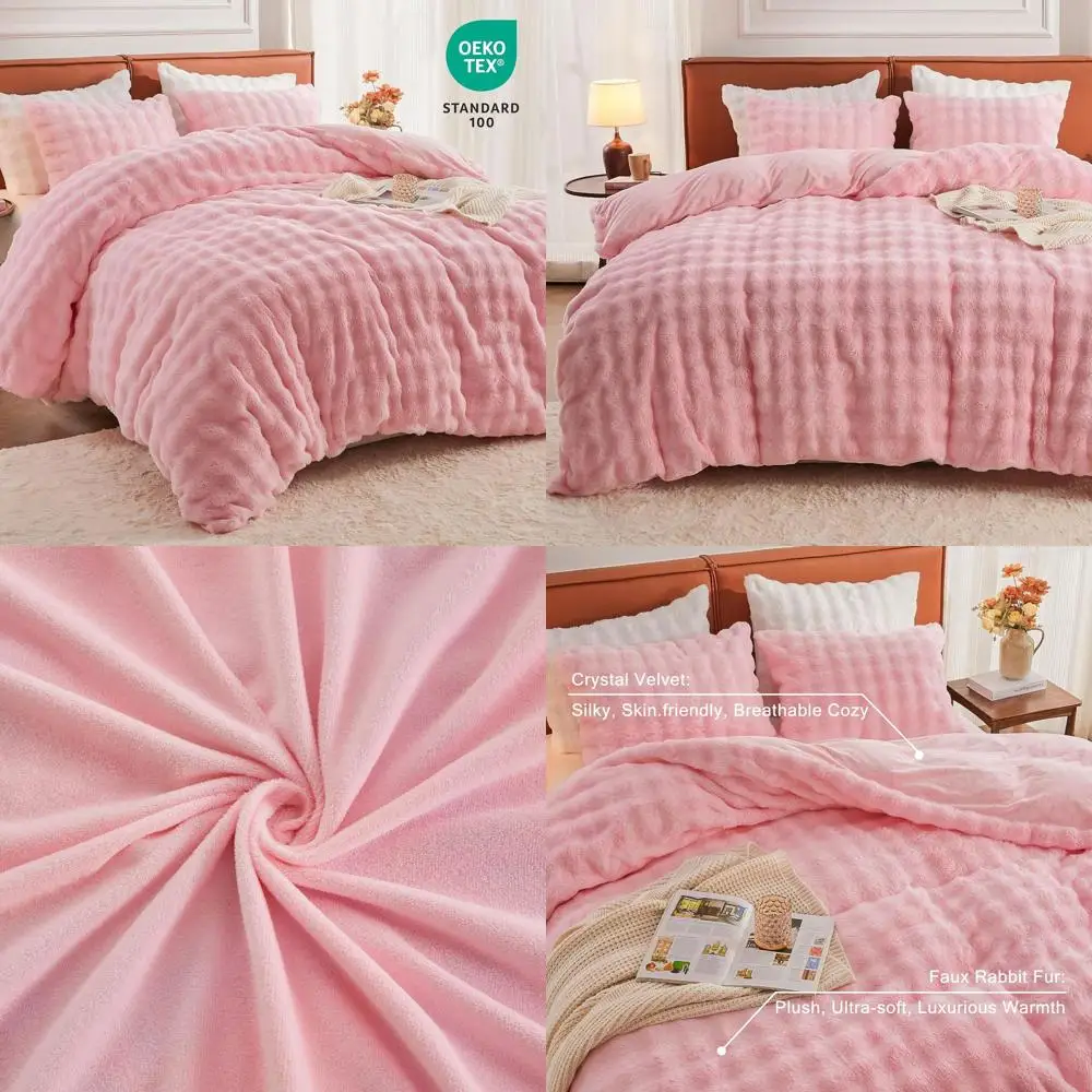 

Queen Size Plush Duvet Cover Set, 3-Piece Cozy Comforter Cover, Warm Luxury Shaggy Bubble Design Bedding, Includes 1 Duvet & 2 P