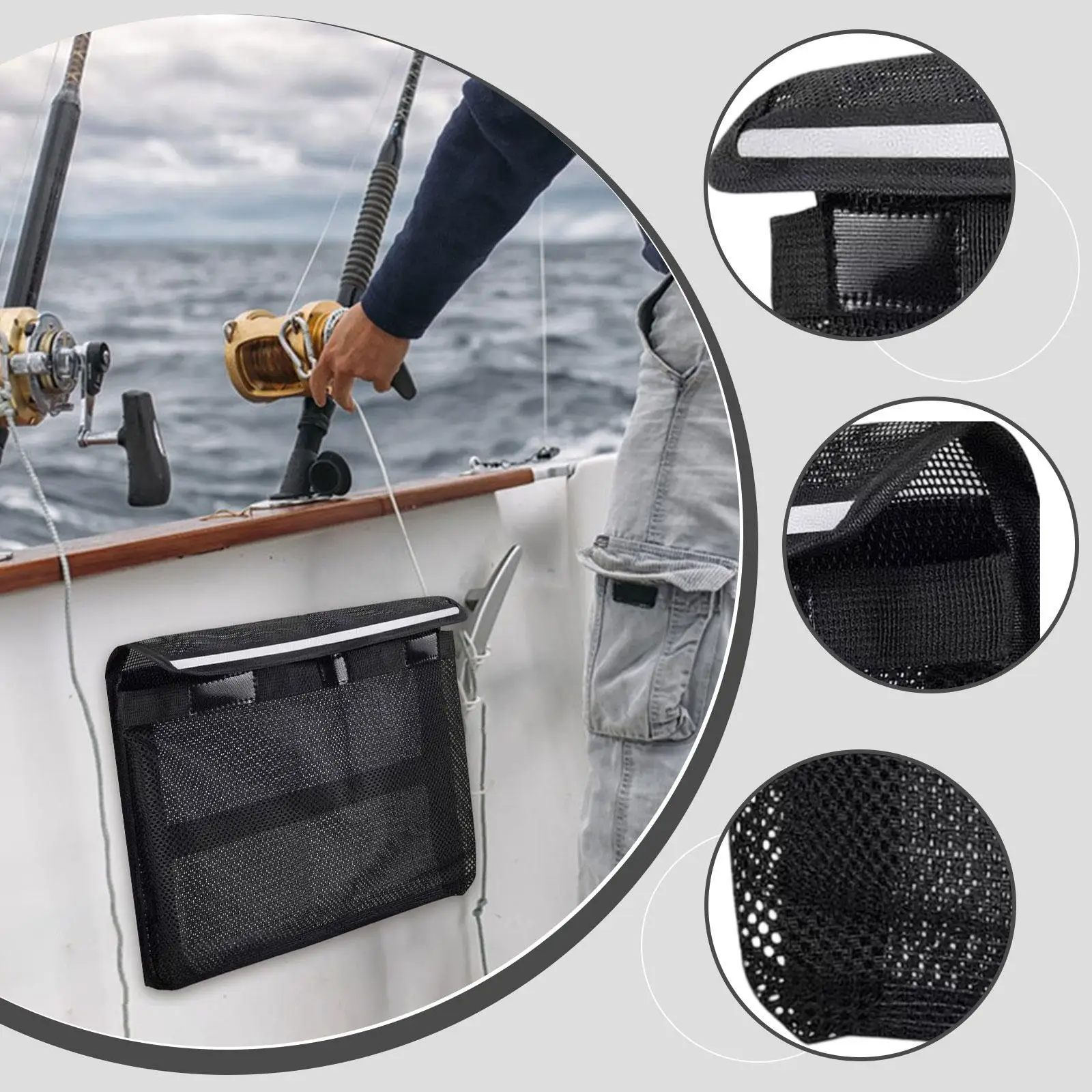 Self Adhesive Boat Storage Bag Tools Mesh Organizer with Reflective Strap for Fishing Boats Accessories and Marine Supplies