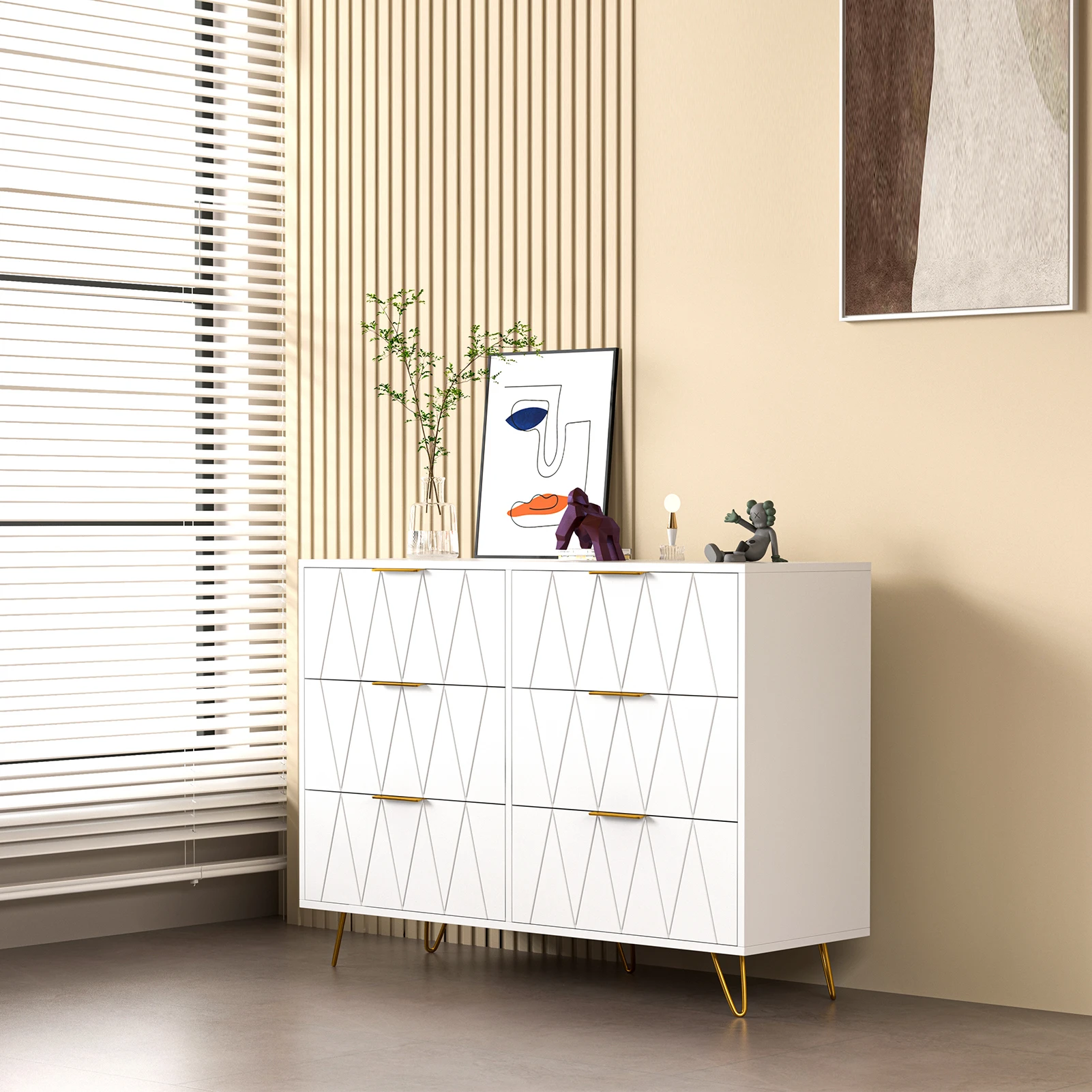 Four/Six-Drawer Cabinet,Chest of Drawers,White Veneer Panel Diamond-Shaped Drawing Cabinet,White