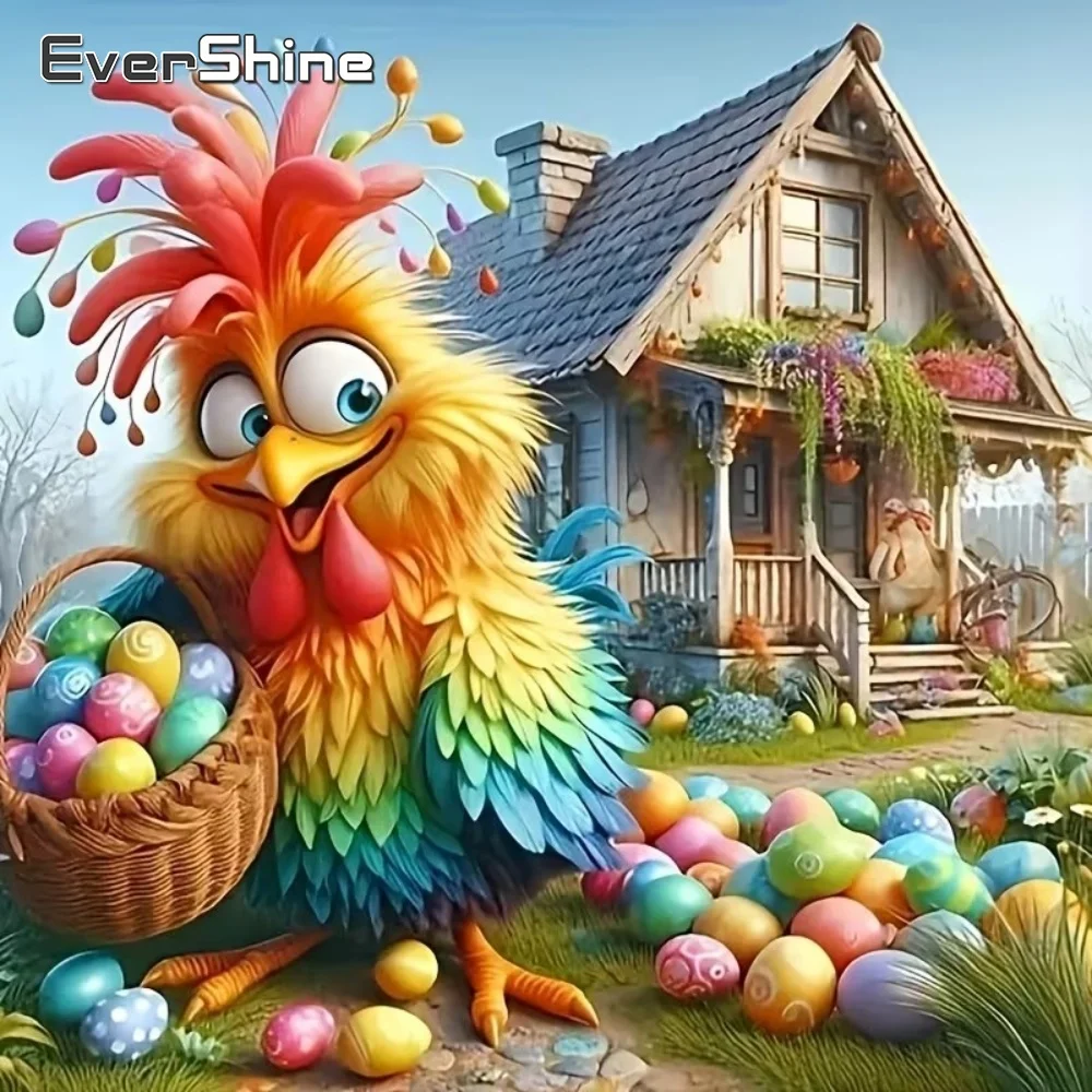EverShine Vollquadratische und runde Diamant-Stickerei Hahn Tierbild Haus DIY Bild Strass Mosaik Cartoon Handarbeit