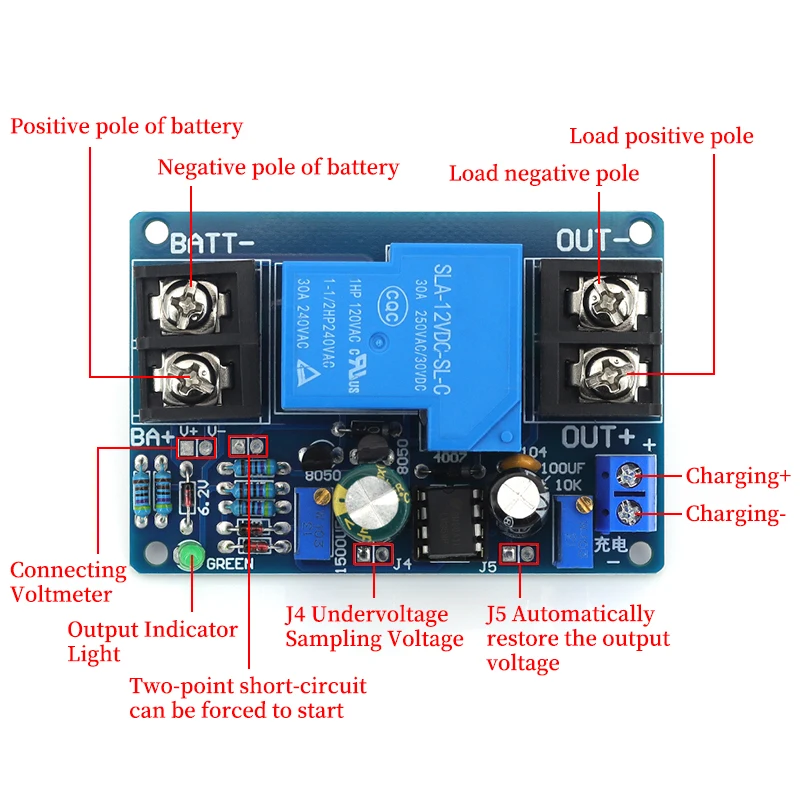 وحدة حماية البطارية DC12V 30A، شحن وتفريغ تلقائي مع التحكم في التتابع، تمنع تفريغ البطارية المفرط